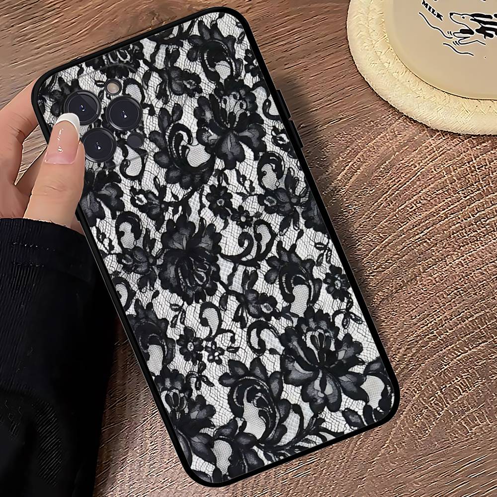 Black Lace Pattern Personalized Mobile Phone Case For IPhone 17 16 15 14 13 12 11 Pro Max Plus Mini Soft Black Cover