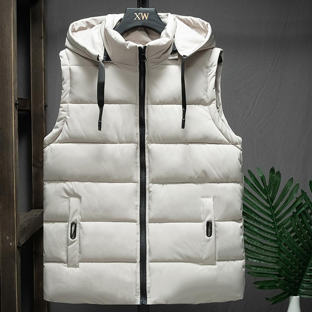 Men's Winter Trend Wear Loose Thick Down Cotton Clip Multi-pocket Solid Color Casual Hooded Vest Coat
