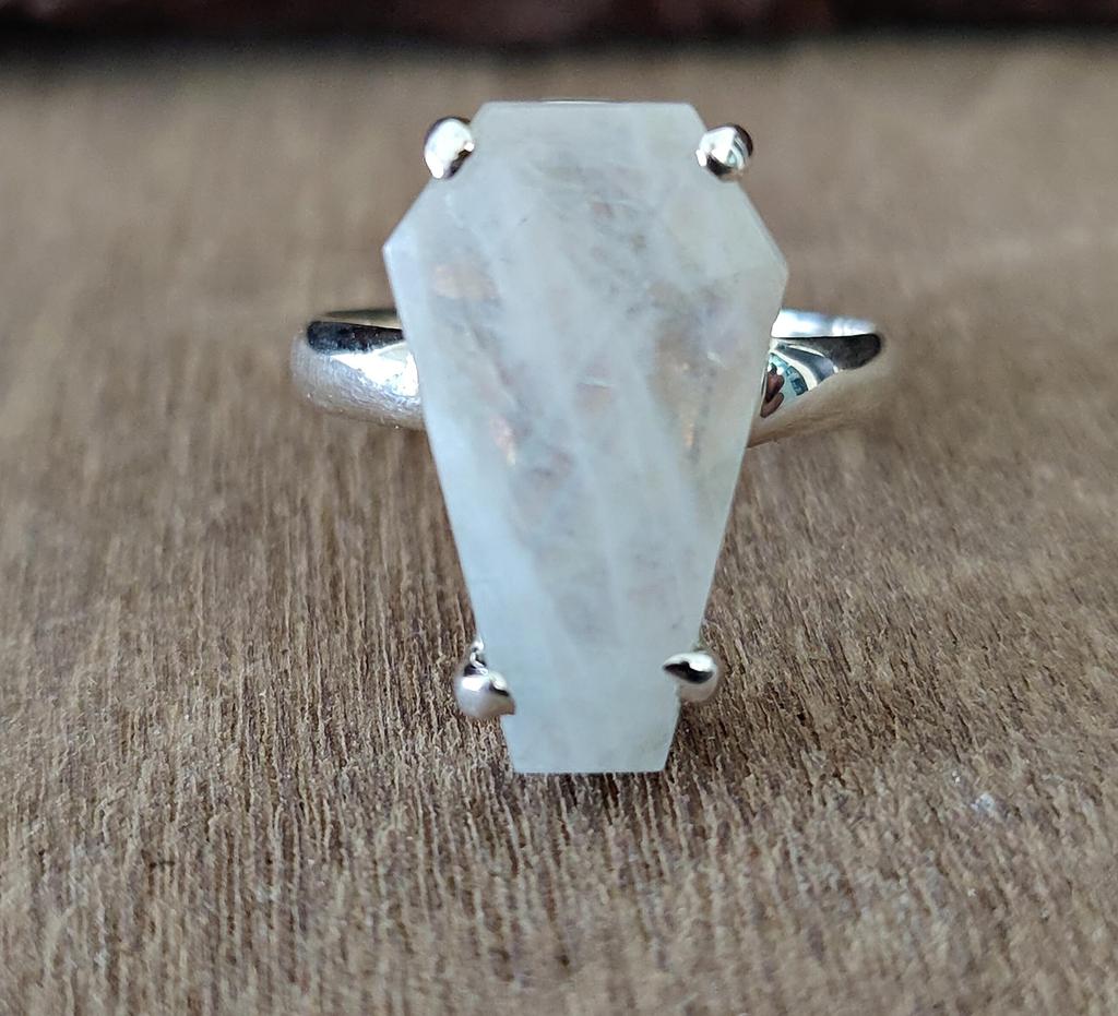 Coffin Ring, Rainbow Moonstone 925 Solid Silver Ring, Gemstone Jewelry, Handmade Silver Ring, Women Ring, Gift for Her