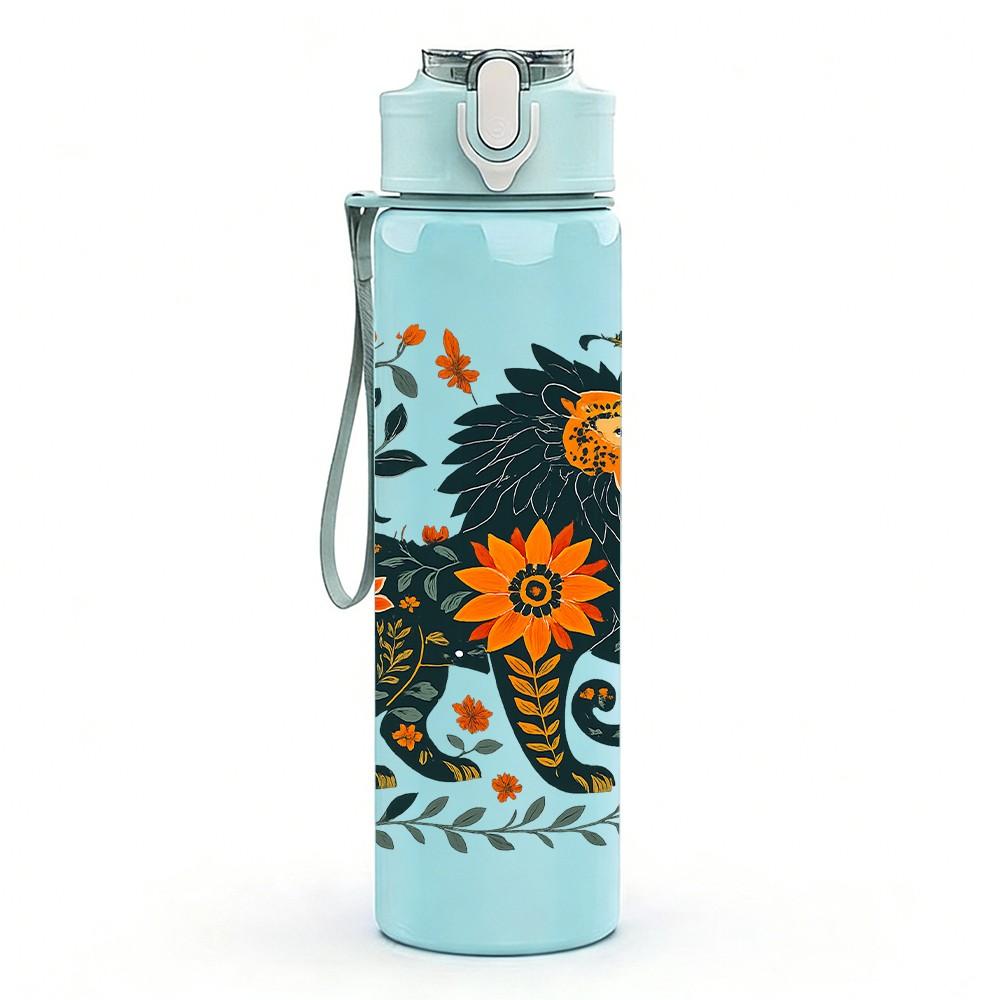 1PC Floral Lion Pattern 750ml Color Plastic Sports Water Bottle Leakproof Flip Straw Lid Suitable for Sports Office Home Use
