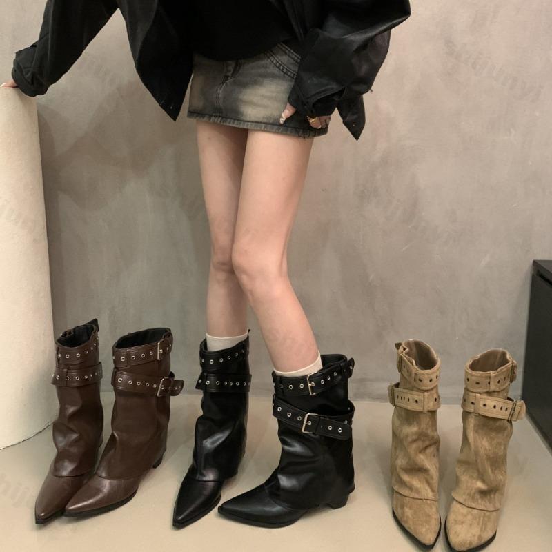 American Women Boots 2026 New Cowboy Retro Leather Ankle Boots Belt Buckle Autumn Sexy High Pointed Toe Short Boots Botas Mujer