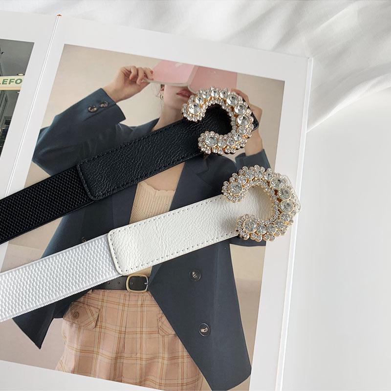 Womens Fashionable Faux Leather Elastic Waist Belt With Eyecatching Rhinestone Design