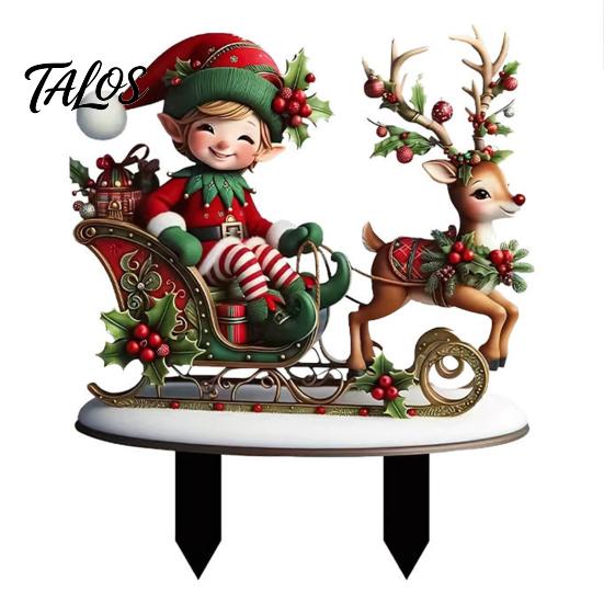 Festive Lawn Stakes Christmas Elf Garden Stake, Reindeer Sleigh Acrylic Yard Art Outdoor Decorations Waterproof Xmas Ornament for Holiday Flower