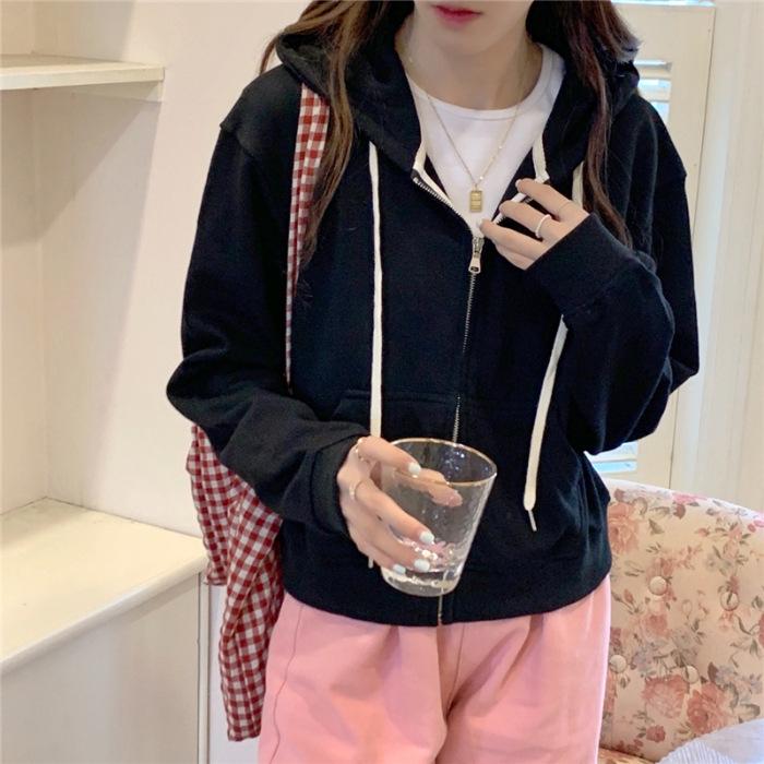 Chic Hong Kong Style Women's Zipper Hoodie - Spring/Autumn 2023, Thin & Short for Petite Frame, Versatile Cardigan