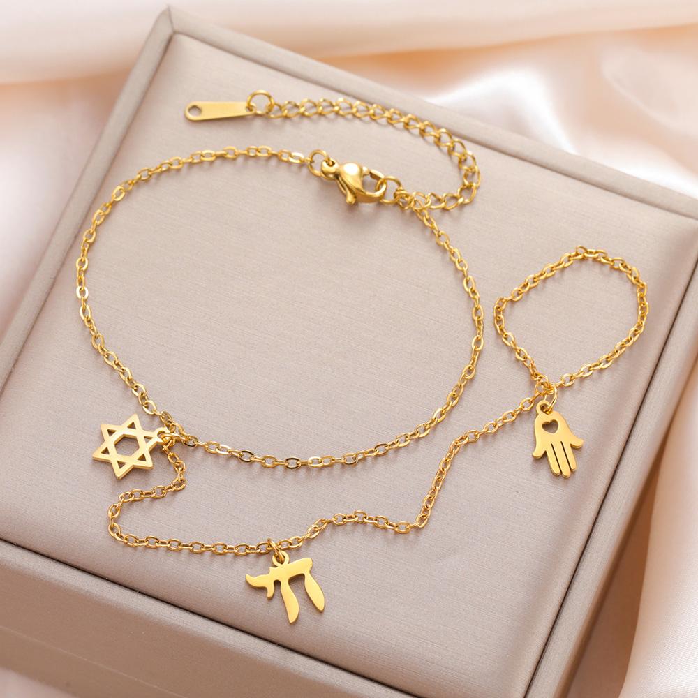 Dawapara Star of David and Chai Bracelet Hand Chain Jewish Hexagram Good Luck Judaica Jewelry Stainless Steel Jewelry