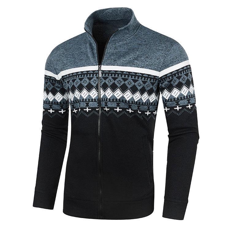 Men's Korean Style Slim-Fit Jacquard Knit Cardigan with Stand Collar