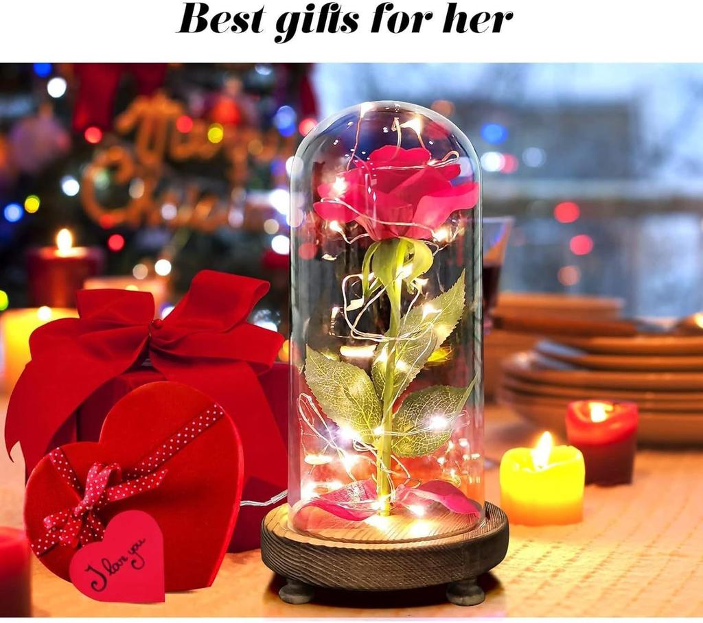 Valentine's Preserved Rose Glass Dome Night Light - Creative Mother's Day Gift for Wife or Girlfriend.
