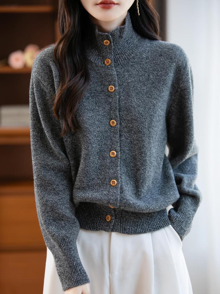 Women's Thickened Pure Wool Knit Cardigan - Autumn/Winter Half-High Collar, Versatile Lazy Style Sweater