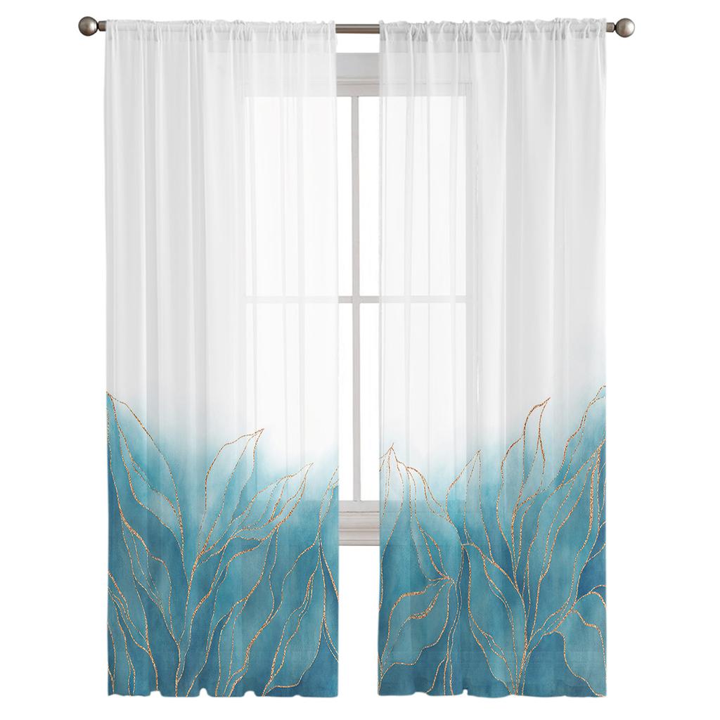 Geometric Abstract Gradient Leaves Teal Voile Sheer Curtains Living Room Window Tulle Curtain Kitchen Bedroom Drapes Home Decor