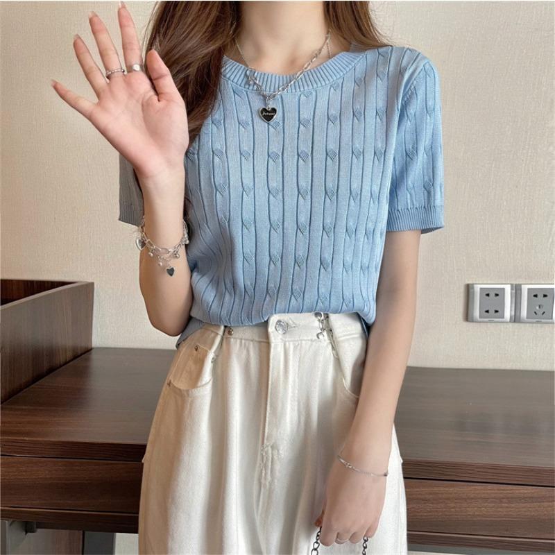 Vintage Crew Neck Short Sleeve Shirt Knitted Sweater Women's Thin Summer Design Slim Fit Short Student Top