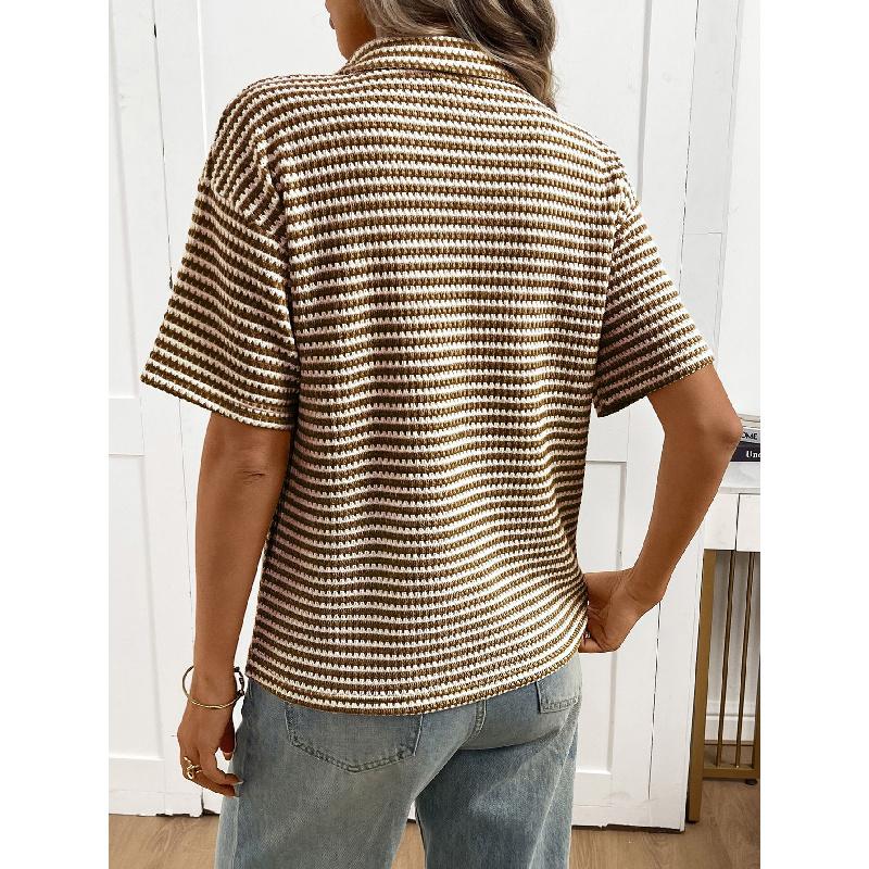 2026 Women's Turn-down Collar Solid Color Knitted Pullover Loose Short Sleeve Casual T-shirt