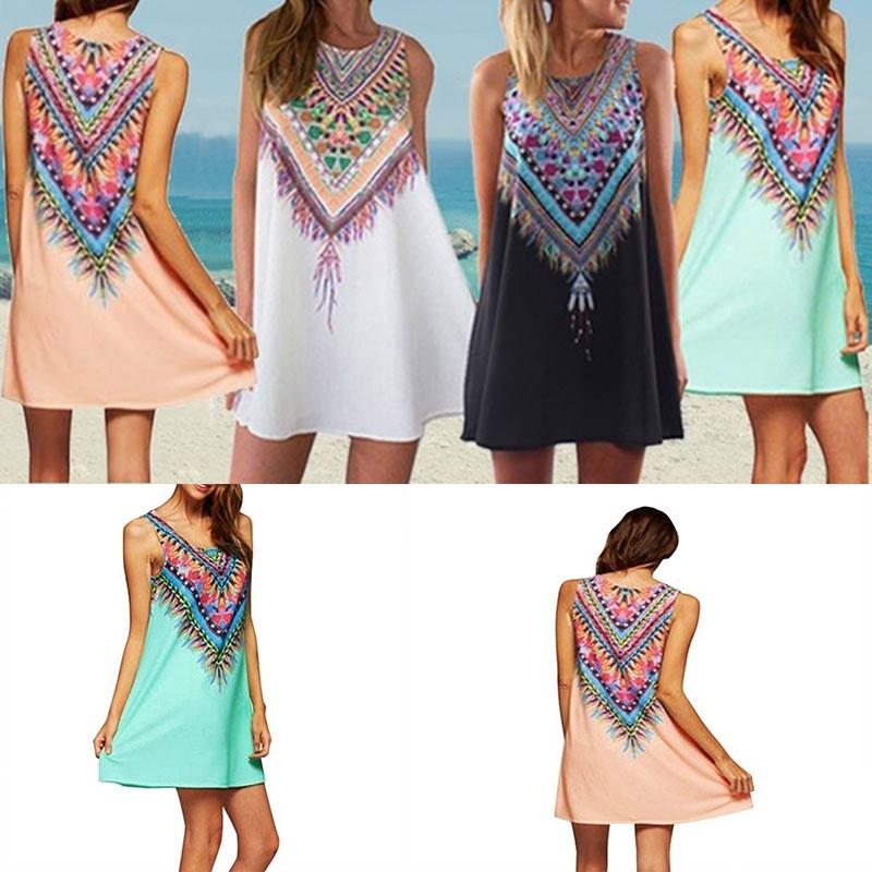 Women Loose Dresses Sleeveless Mini Dress Vintage Hippie Beachwear Boho