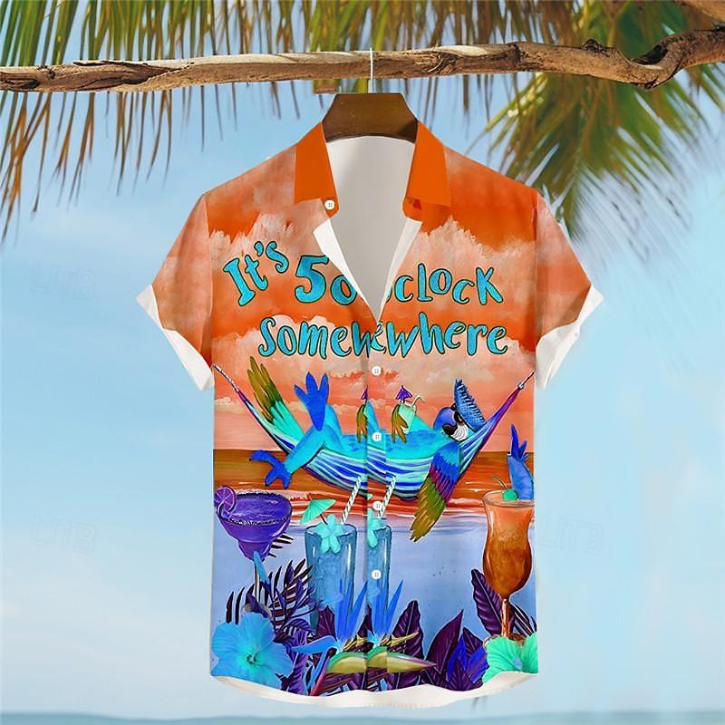 Men's Letter Parrot Summer Hawaiian Shirt Aloha Short Sleeve Shirt Turndown Vacation Hawaiian Resort