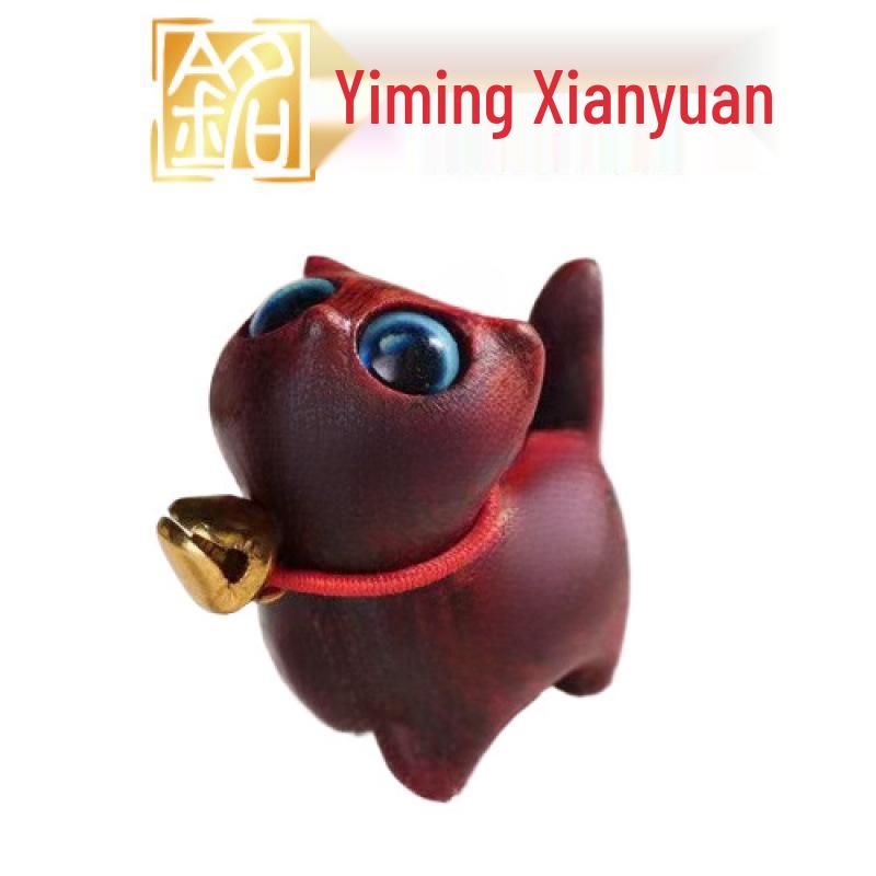 Curious Green Sandalwood Cat Desktop Ornament with Bell