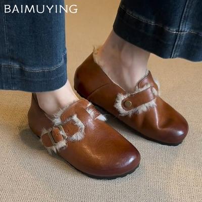 Fur Flats Women Cotton Shoes Leather Short Plush Designer Buckle Casual Shoes 2025 Trend Winter Warm Walking Mujer Zapatillas