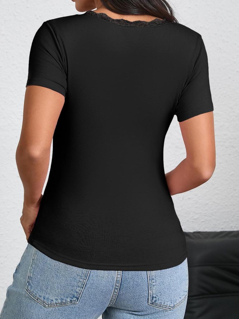 Womens Y2K Lace V Neck T Shirt Short Sleeve Slim Fit Going Out Top