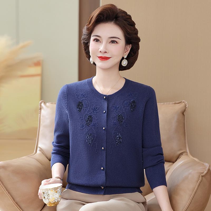 Mom's Elegant Embroidered Wool Cardigan - Stylish Knit Sweater for Middle-Aged and Elderly Women, Perfect for Spring and Autumn.
