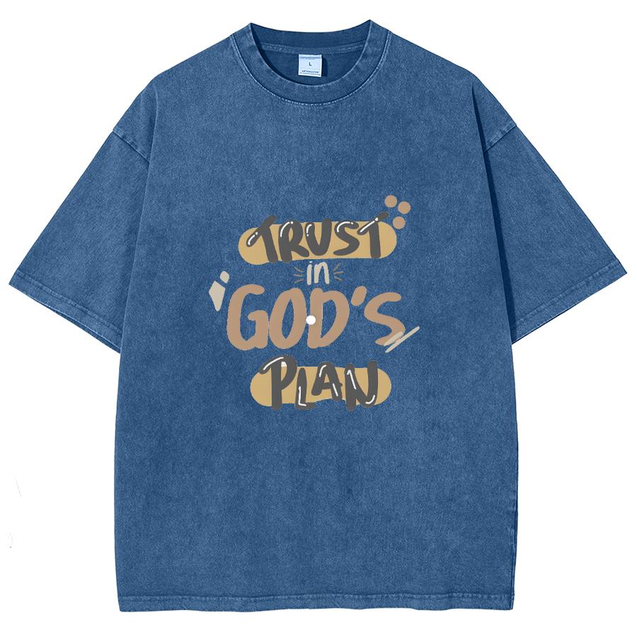 Trust God's Plan Monogram Print Women's Washed T-Shirt Summer New Oversized Short Sleeve Simple Casual Top Basic Tee