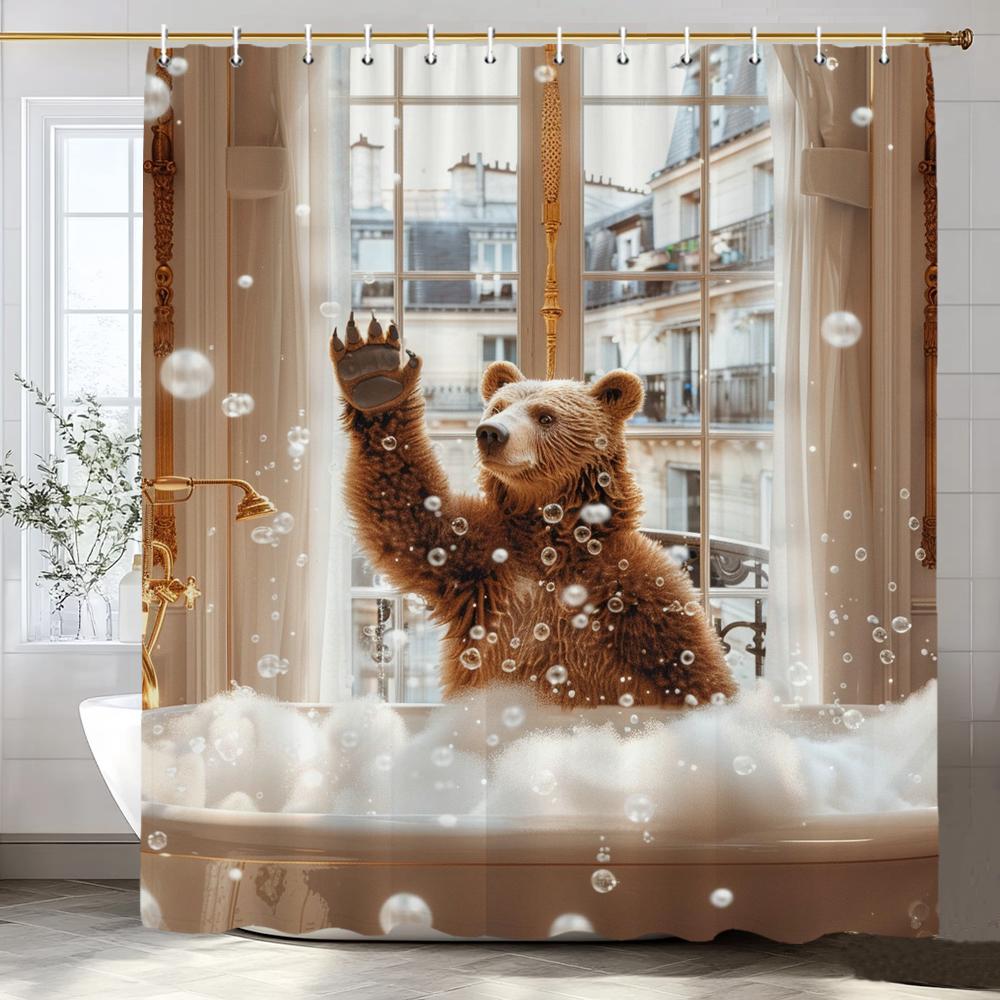 Cute Brown Bear in Bath Shower Curtain, Bathroom Decorative Shower Curtain, Waterproof Shower Curtain with Hooks