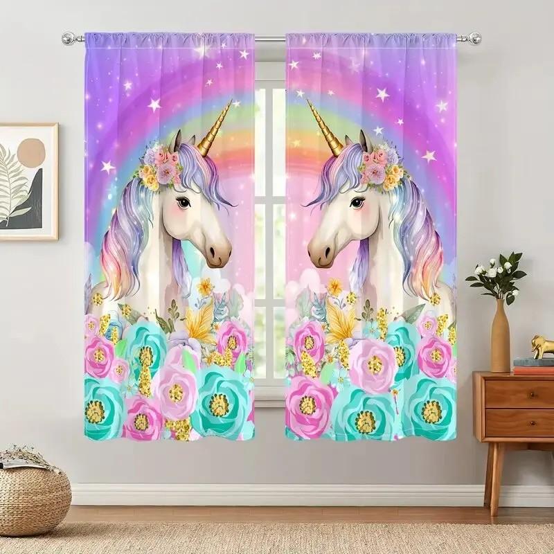 Jit 2Pcs Floral Unicorn Printed Curtain Design Drapes Polyester Window Decor For Home Living Room Kids Room Rod Pocket Curtai
