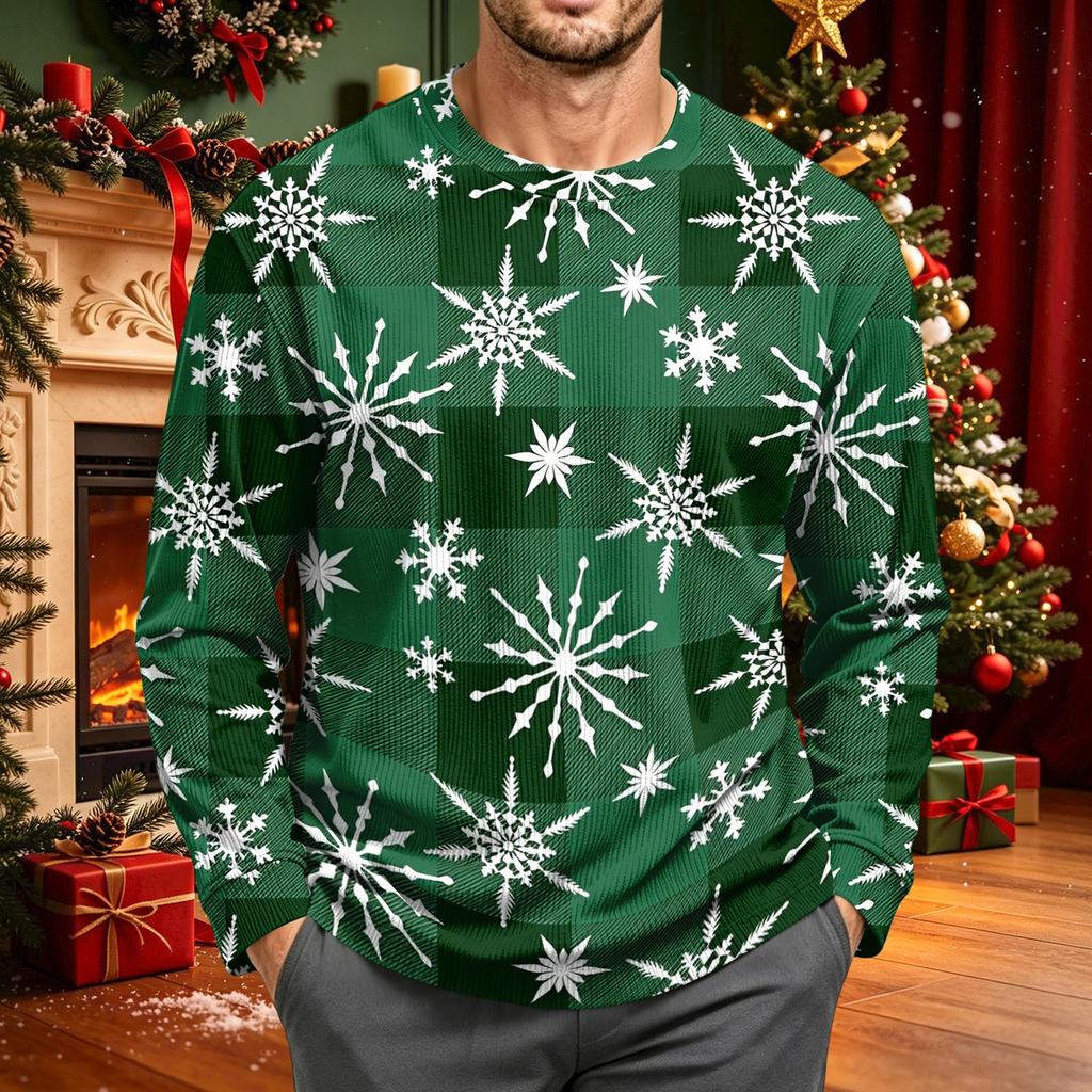 Men's Corduroy Long Sleeve Neck Shirt with Christmas Print Holiday Party Top