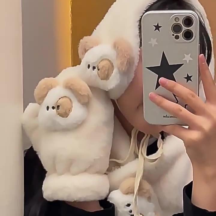 Warm fluffy plush gloves scarf two-piece set thickened cold-proof artifact cute puppy gloves