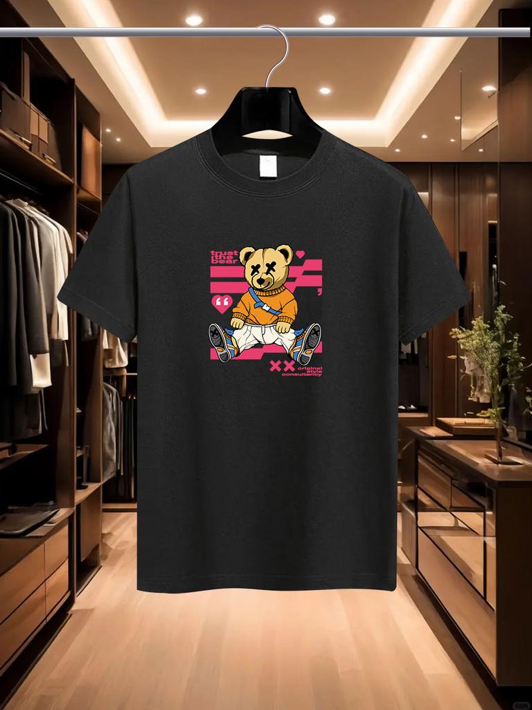 2025 Summer Men's Luxurious and Fashionable Cartoon Bear Brand Printed T-shirt, Pure Cotton Round Neck, Casual and Trendy Y2K