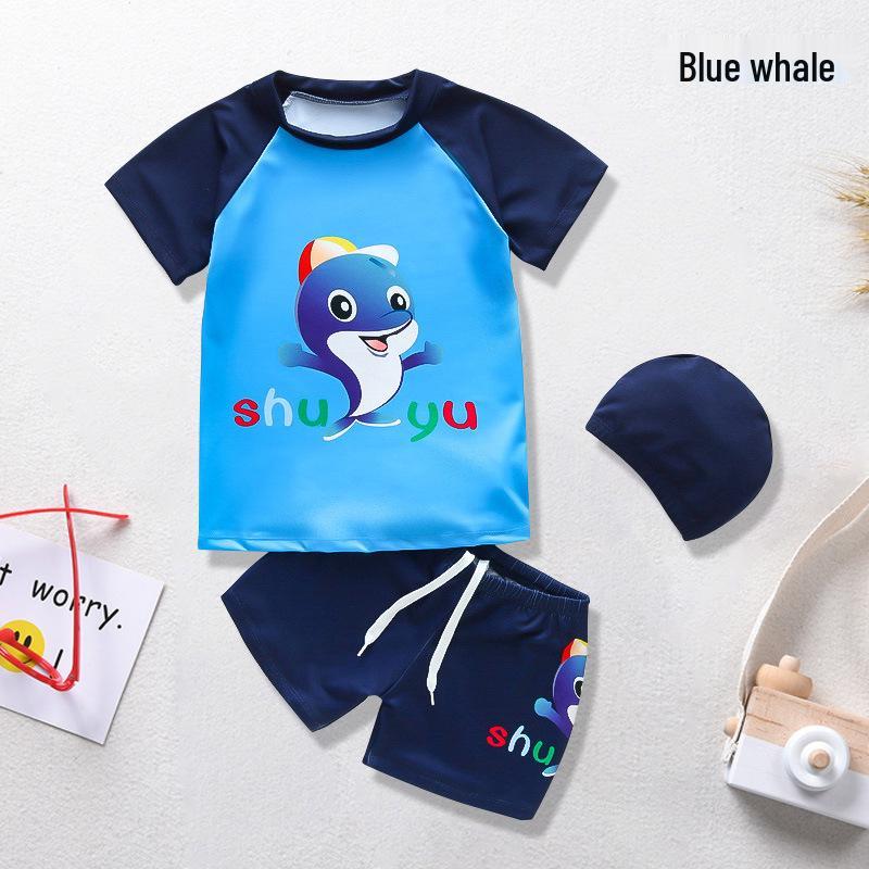 Cartoon Boys' Toddler Sun Protection Quick-Dry Swimsuit Set with Swim Cap