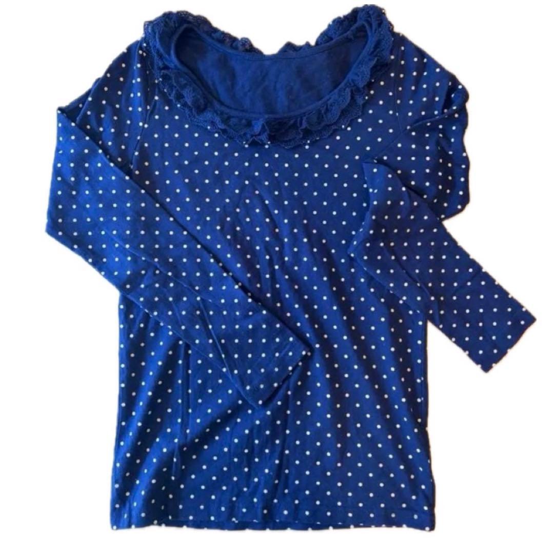 Unique cut and sew earth navy dot pattern long sleeve with collar