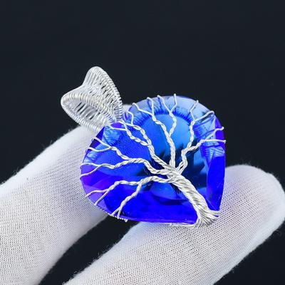 London Blue Topas Baum des Lebens Anhänger 925 Sterling Silber Draht gewickelt Anhänger Topas Edelstein Silber handgefertigt Anhänger Halskette für Geschenk
