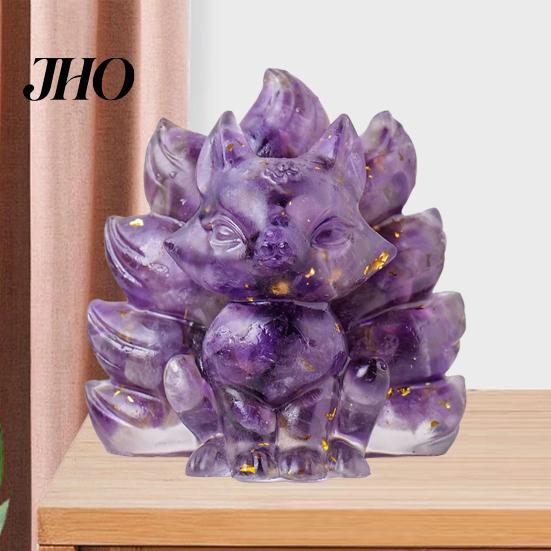 Desktop Fox Figurine Natural Stone Nine-tailed Foxes Positive Healing Energy Hand-carved Colorful Faux Ornament Crystal Sitting Animal Statue