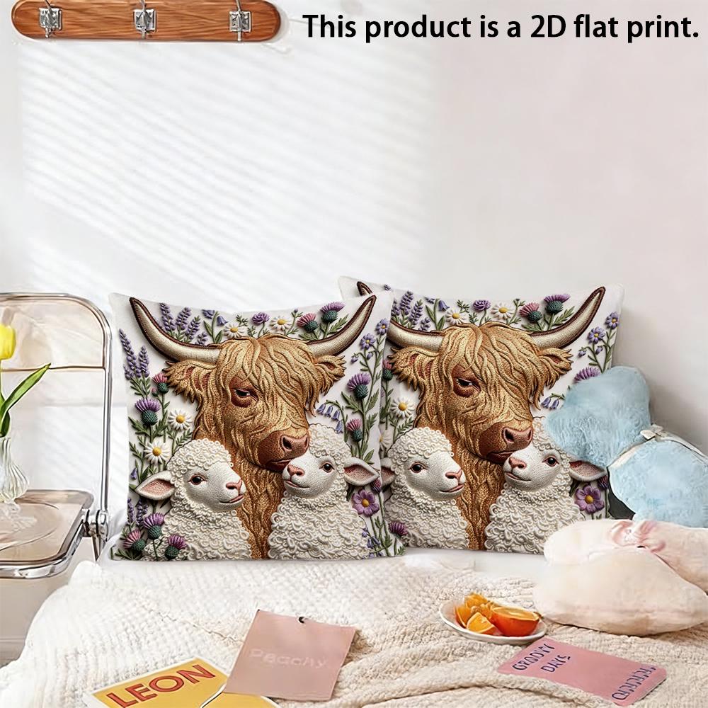 2pcs Highland Cow and Lambs Floral Throw Pillow Cover 2D Flat Print Farmhouse Soft Cushion Case for Home Sofa Decor