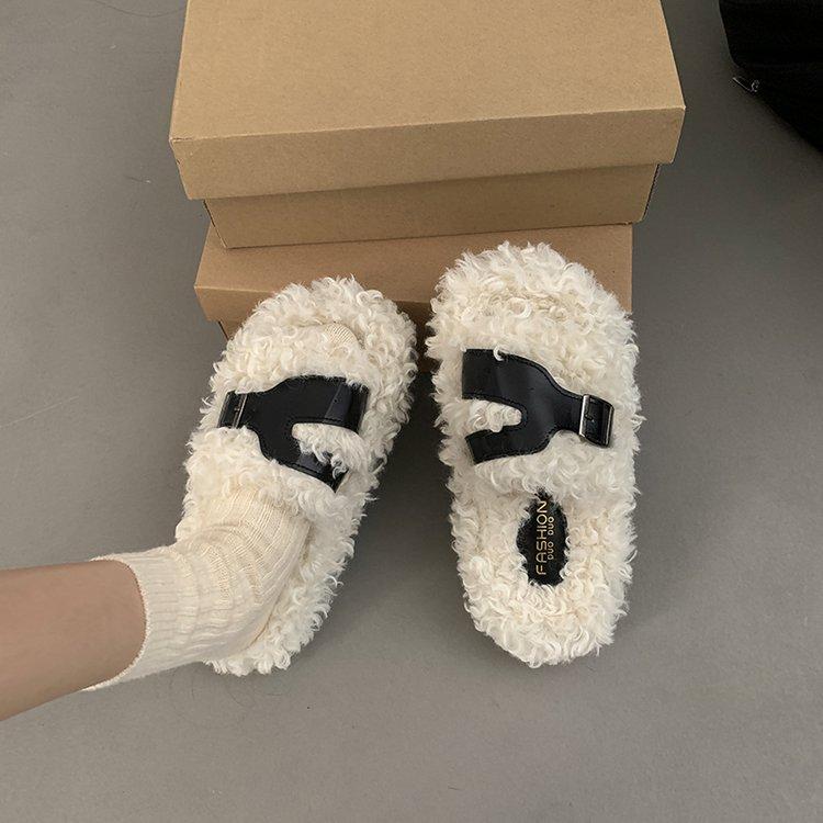 

Plush thick-soled slippers for women to wear 2025 autumn and winter new Korean version niche lamb wool lazy one-pedal cotton slippers 35