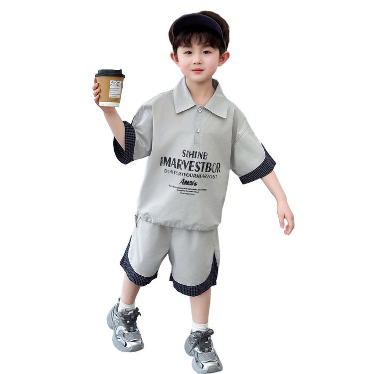Boys' Trendy Summer Polo Collar Cotton Patchwork Two-Piece Set: Stylish Short Sleeve Shirt & Shorts