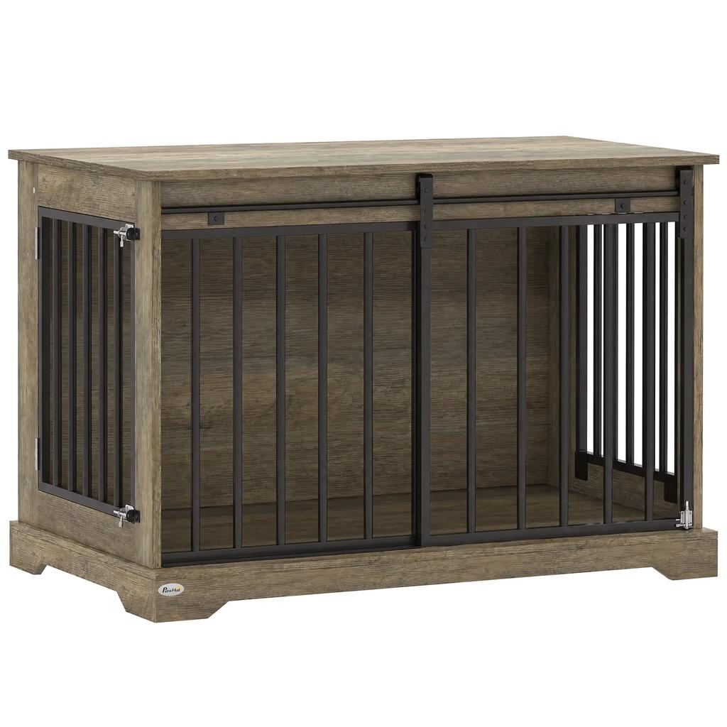 PawHut Hundebox aus Holz und Stahl mit Schiebetür, Beistelltisch, Modernes Hundezwinger, 100x60x68cm, Grau Holzoptik