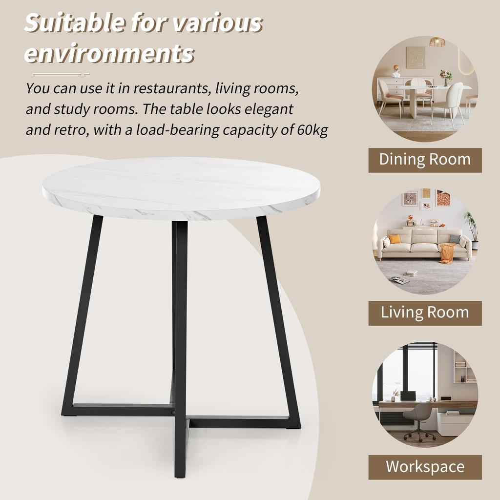 Set tavolo da pranzo moderno (5 pezzi) con 4 sedie, tavolo da cucina rotondo con 80 cm di diametro e gambe in metallo nero, piano in MDF bianco, sedie in velluto nero