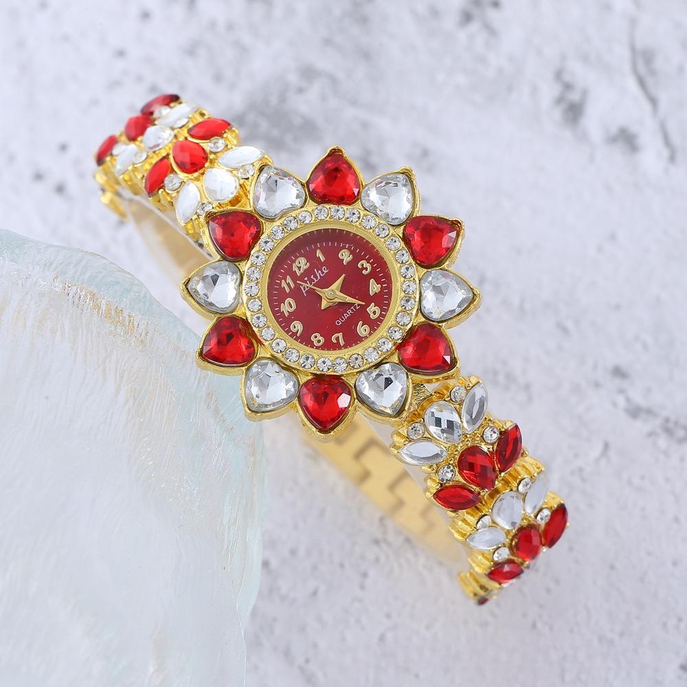 Women Heart Rhinestone Watches Flower Dial Bracelet Strap Quartz Watch Clock