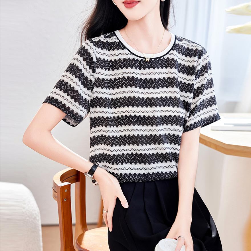 

Женская летняя футболка с коротким рукавом из двойного шелкового крепа в полоску, новая, темпераментная, универсальная, свободного кроя, с дизайном из тутового шелка 3XL