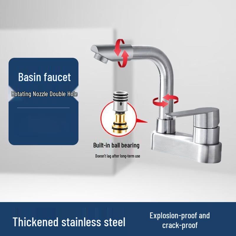 Handun Vintage Stainless Steel Double-Handle 3-Hole Basin Faucet