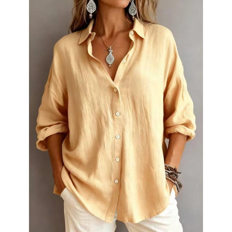 Womens Casual Loose Solid Color Long Sleeve Lapel Button Down Shirt