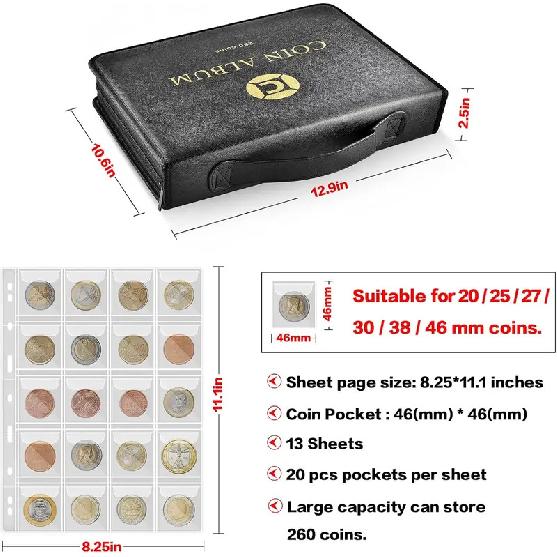 Coin Collection Book Holder for Collectors, 260 Pockets Coins Collecting Album with Zipper and Handle. Coin Display Storage  bag