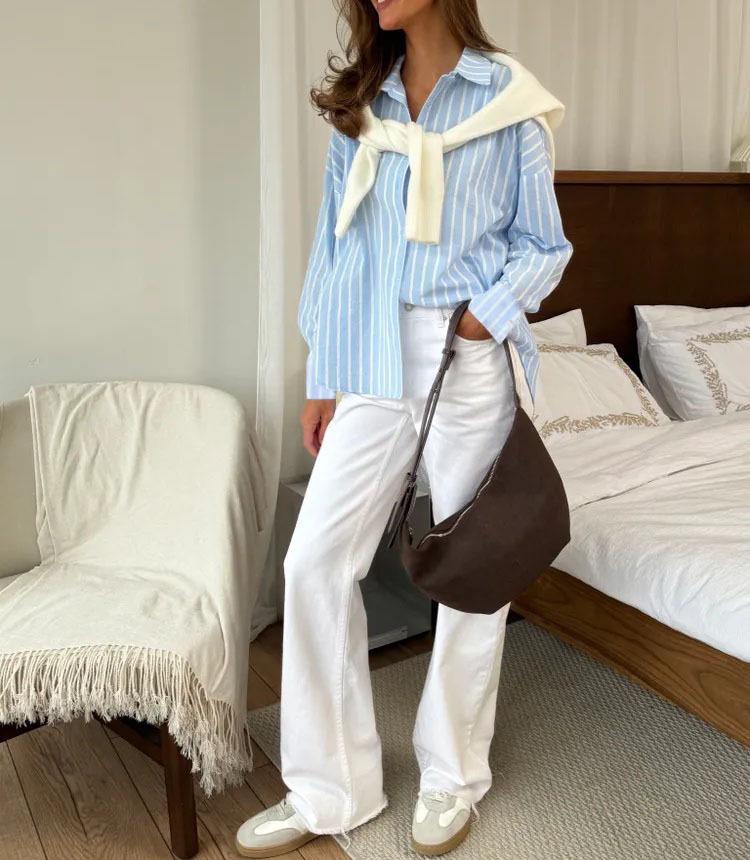 2025 Autumn/Winter Women's Long-Sleeved Striped Cardigan Shirt Jacket