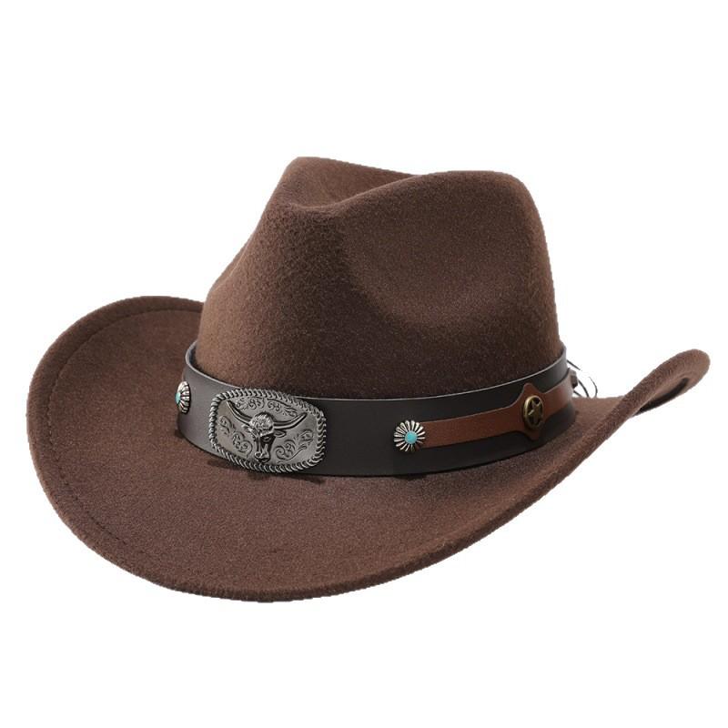 Western New Belt Minority Style Jazz Hat Men's and Women's Cowboy Hat Big Eaves Hat Woolen Top Hat