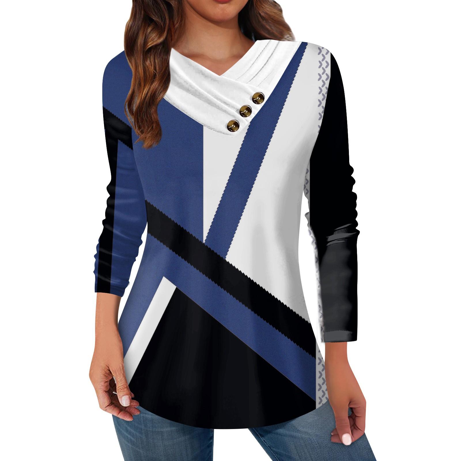 

Женские топы, повседневные рубашки с длинными рукавами и пуговицами на шее, модные лоскутные блузки с винтажным принтом, футболки XXL синий