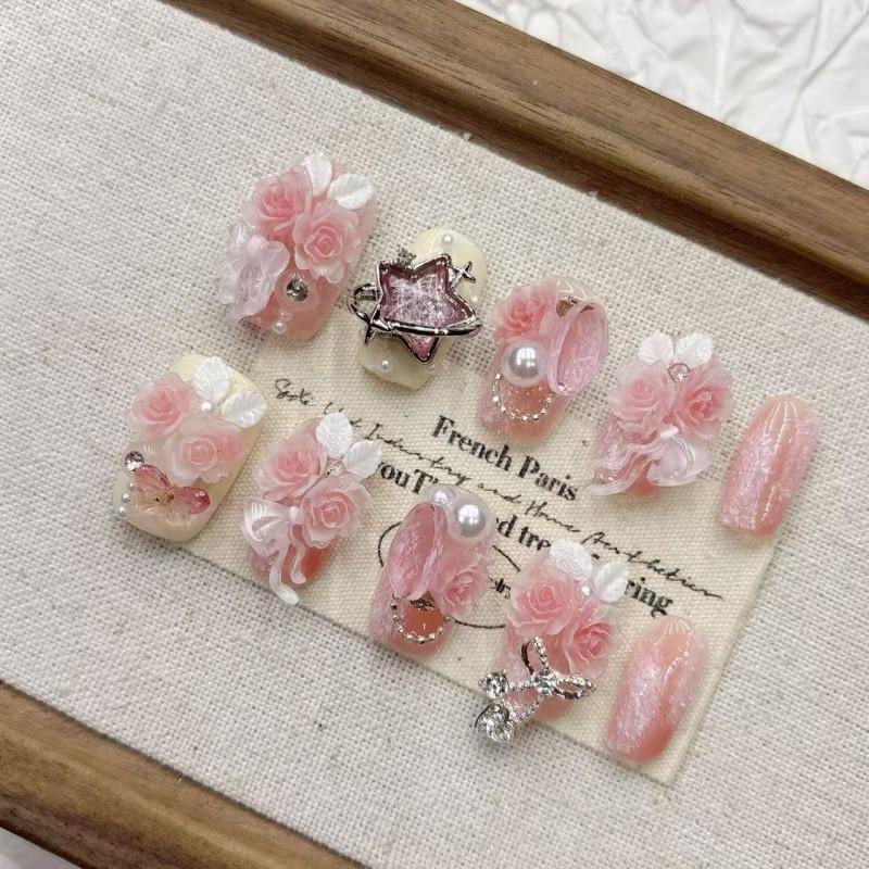 Handcrafted Pink Rose Floral Press-On Nails Short Almond Shape Women Sweet Chic Style Medium