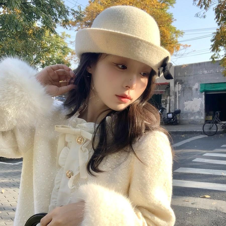 Bow Top Hat för Kvinnor Fransk Stil Retro Ull Ansiktsvisande Liten Varm Bucket Hat