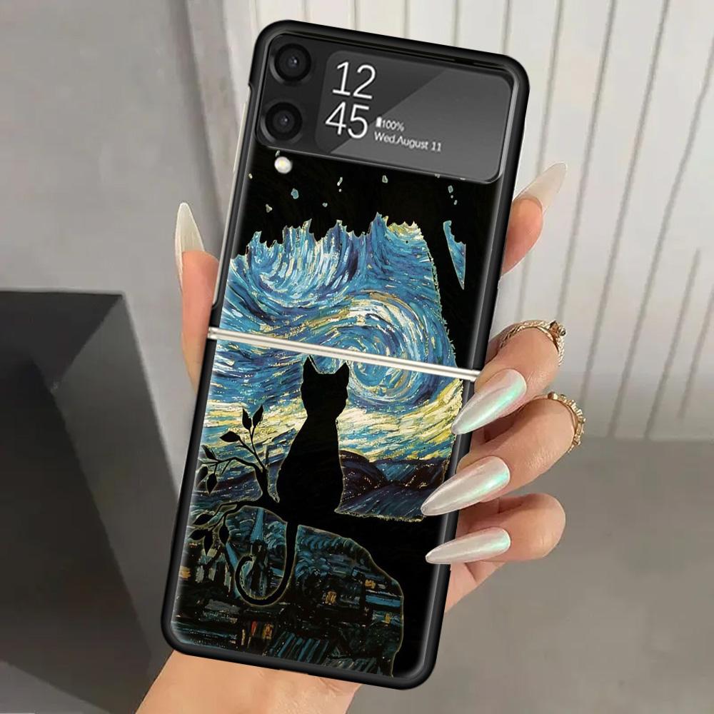 Black Cat Cartoon Cute Hard PC Phone Case For Samsung Galaxy Z Flip 7 6 5 4 3 Black ZFlip7 ZFlip6 Flip5 Flip4 Flip3 5G Print Cov