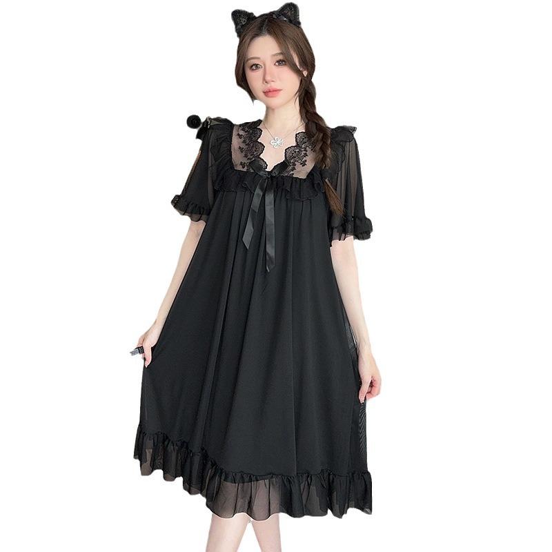 Summer Style Solid Color Lace Bow Mesh Court Princess Style Medium Long Nightdress Pajamas Loungewear