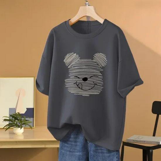 Women's Summer Loose Fit Cartoon Bear T-Shirt - Mid-Length, Round Neck, Short Sleeve, Versatile, Trendy Casual Style.
