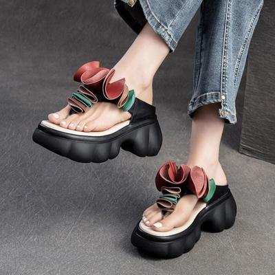 Mode Blume Dicke Sohle Hausschuhe Echtes Leder Outdoor Slides Retro Damen Plateauschuhe